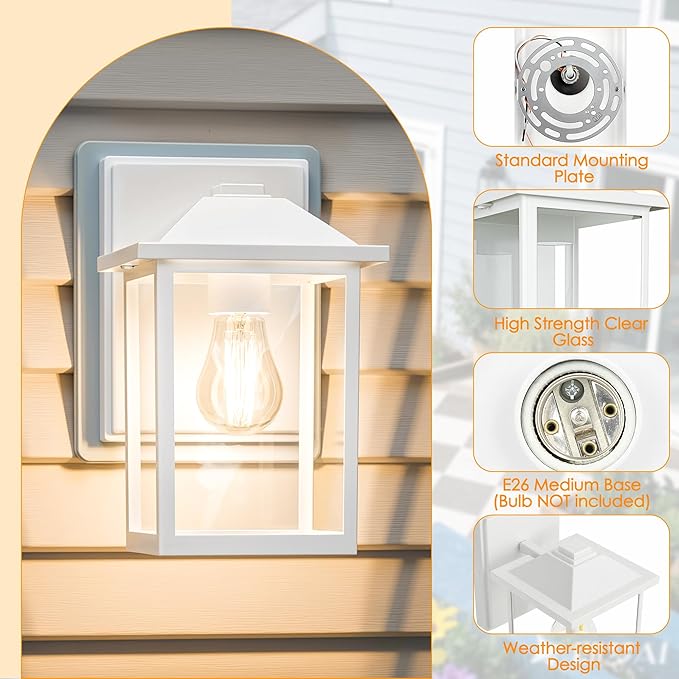 MATAMEYE Outdoor Wall Lantern, Exterior Waterproof Wall Sconce Light Fixture, White Front Door Mounted Lighting with Glass, Anti-Rust Porch Lamp