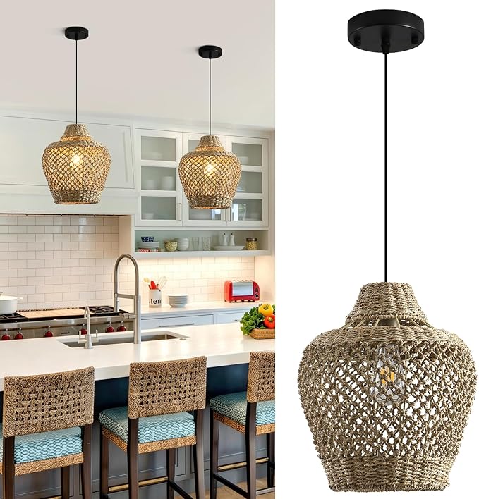 2 Pack Rattan Pendant Light, 11.81” Boho Wicker Hand Woven Hanging Seagrass Lighting Fixture, for Farmhouse Kitchen Bedroom Dining Living, Hallway