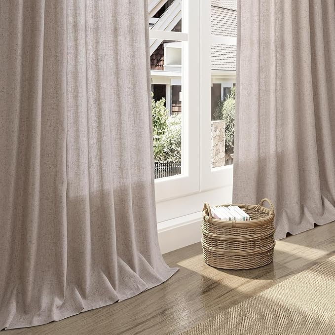Nanspring Brownish Grey Linen Curtains for Living Room 95 Inches Long Back Tab Light Filtering Semi Sheer Curtain Modern Farmhouse Decor for Bedroom Office Luxury Textured Drapes 52x95, 2 Panels