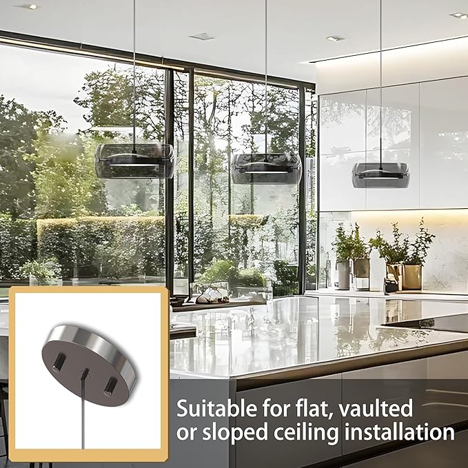 Modern Pendant Lights Kitchen Island, Dual-Sided LED 3-CCT Dimmable Smoked Glass Hanging Lighting Fixture, Adjustable Cable for Dining Room, Bar, Over Table, Sloped Ceiling Chrome Silver