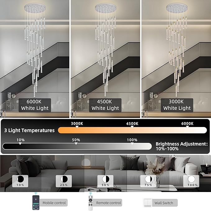 30-Light Chorme High Ceiling Chandeliers Modern Crystal Chandeliers for Entryway Long Spiral LED Dimmable Chandelier Flush Mount Ceiling Staircase Foyer Living Room Ceilings Light Fixture