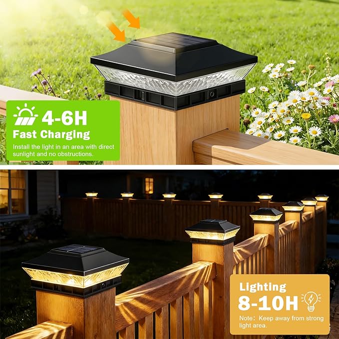 Solar Post Cap Lights Outdoor 6-Pack, Waterproof Solar Fence Post Lights Fit for 3.5x3.5 4x4 Wood/Vinyl Posts, Solar Powered Deck Post Lights with 2 Modes(Warm/Cool White), Ideal for Patio, Black