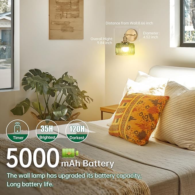 Shenmoyl Vintage Battery Operated Wall Sconce with Green Striped Glass Lampshade 5000 mAh Rechargeable Battery Powered Wall Light with Remote Control for Bedside Bedroom Doorway