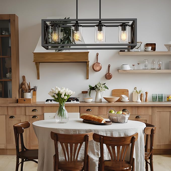 Espird Farmhouse Dining Room Light Fixture - 4 Light Kitchen Island Lighting with Adjustable Height & Thickened Metal Dining Room Light Fixture Over Table，Chandeliers for Dining Room&Kitchen Island