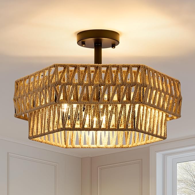 XSDeTu Farmhouse Semi Flush Mount Ceiling Light, 3-Light Boho Light Fixtures，Rustic Woven Hemp Rope Ceiling Lamp, Double Hexagonal Flush Mount Light Fixture for Hallway, Kitchen, Bedroom