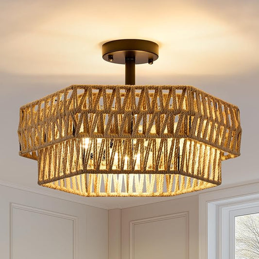 XSDeTu Farmhouse Semi Flush Mount Ceiling Light, 3-Light Boho Light Fixtures，Rustic Woven Hemp Rope Ceiling Lamp, Double Hexagonal Flush Mount Light Fixture for Hallway, Kitchen, Bedroom