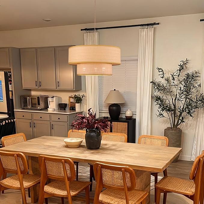 Plug in Pendant Light Rattan Hanging Lights with Plug in Cord 15FT Hemp Rope Cord, 18in Boho Plug in Chandelier for Dining Room, Living Room, Kitchen, Bedroom（Bulb Included）