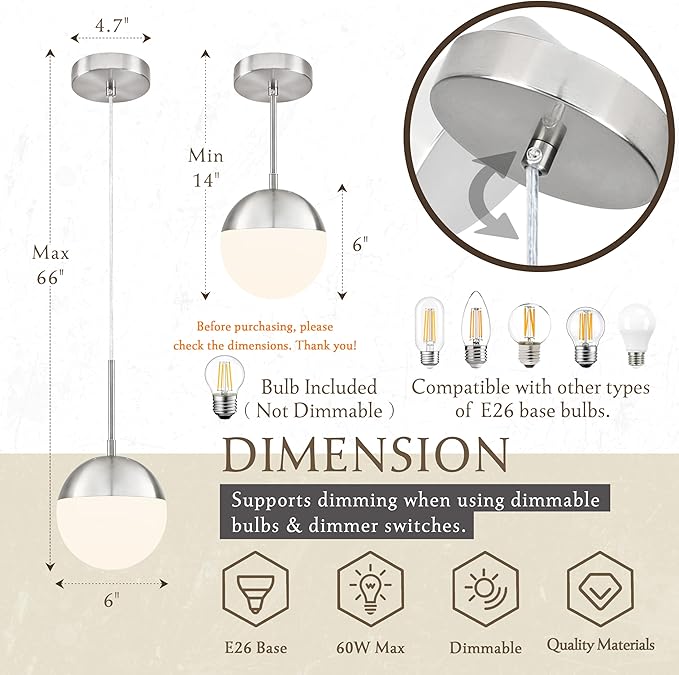6 Inch Nickel 2 Pack Mid Century Modern Pendant Light Pendants for Kitchen Island Frosted Milky White Glass Globe Height-Adjustable Modern Hanging Globe Pendant Light for Bedroom (Bulb Incl)