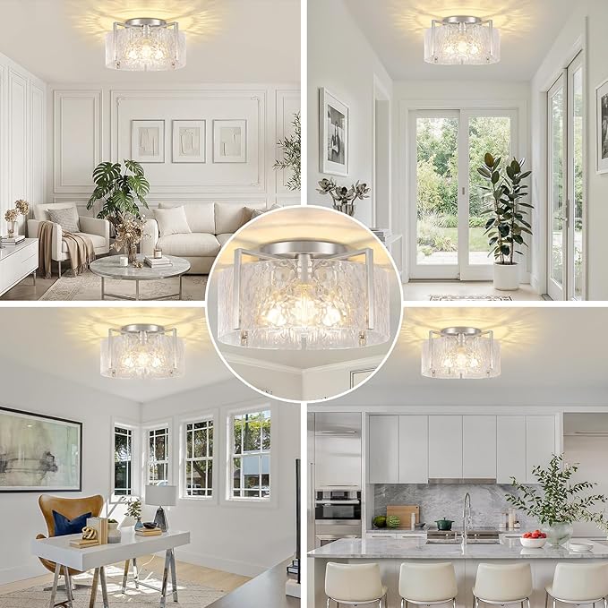 4-Light Modern Semi Flush Mount Ceiling Light Silver, 16'' Entryway Light Fixture, Glass Ceiling Mount with Hammer Glass for Passage Aisle Kitchen Island Dining Room Living Room Lighting Fixtures