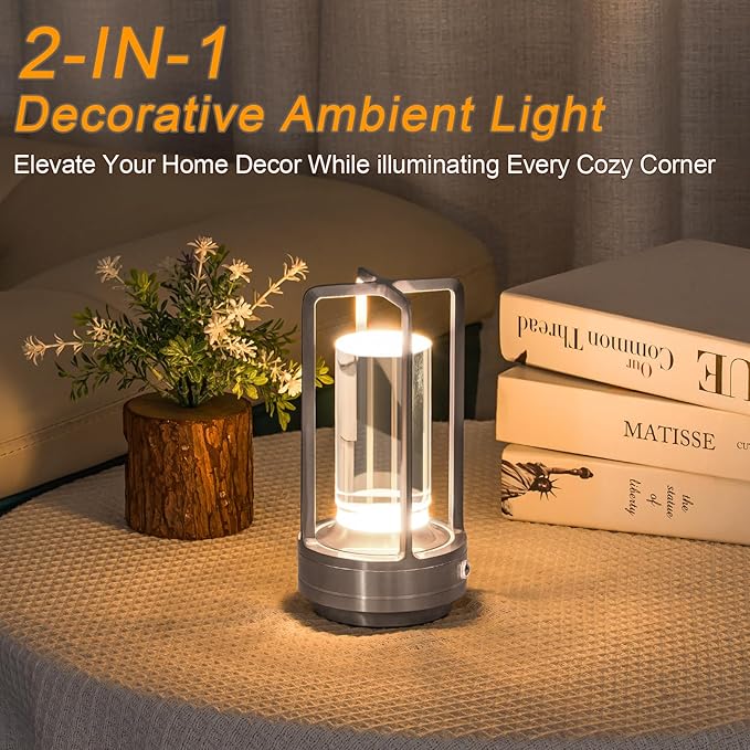 Rechargeable Table Lamp Cordless, Portable Metal Table Lamp 3 Color | Crystal | Stepless Dimming, for Bedroom, Cafe, Camping, Bar, Dining Table, Restaurant