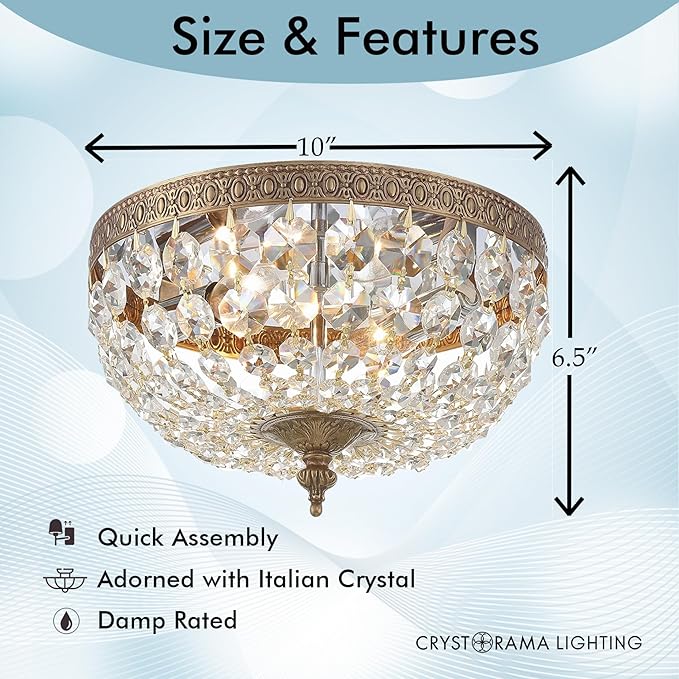 Crystorama 2 Light Clear Italian Crystal Olde Brass Flush Mount