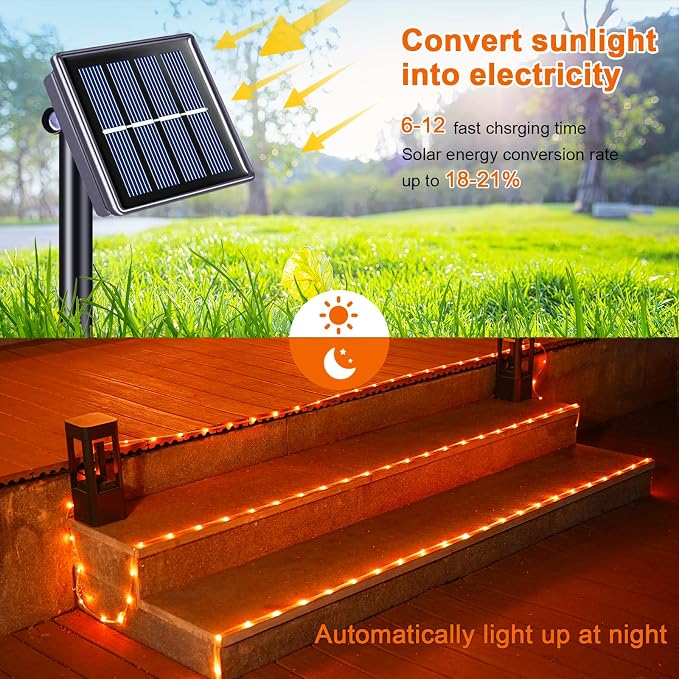 JMEXSUSS Orange Halloween Solar Lights, 66 ft 200 LED Rope Lights Outdoor Waterproof, PVC Tube Orange Christmas String Lights for Halloween Thanksgiving Fall Party Tree Fence Christmas