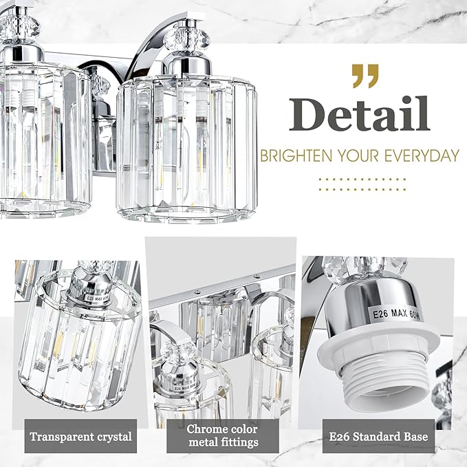 5-Light Modern Bathroom Light Fixture Chrome Vanity Lights Over Mirror Wall Sconce Lighting with K9 Crystal Shades Bathroom Wall Lamp E26 Base for Bedroom, Living Room, Hallway
