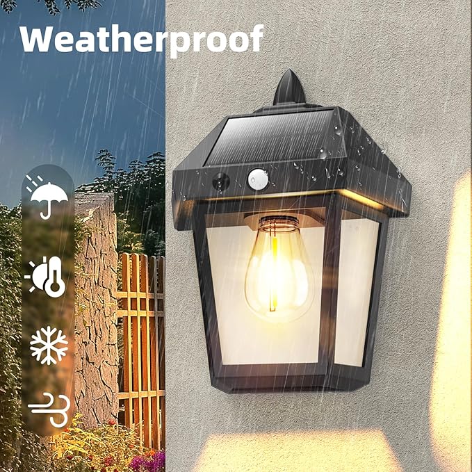DERAYSION Solar Porch Lights Outdoor, 9 Inch Solar Wall Lanterns with Motion Sensor, 3 Mode Adjustable Brightness Waterproof Outdoor Solar Lights for Porch Door Patio Fence Garage -2 Pack