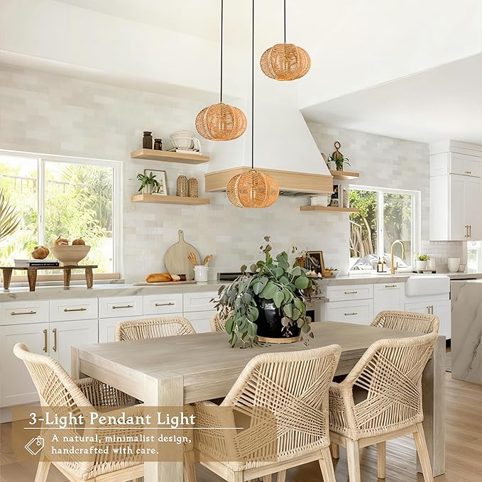 12" Boho Natural 3-Light Boho Chandeliers for Kitchen Island Hand-Woven Boho Rattan Chandeliers Dimmable Adjustable Hanging Chandelier for Dining Room Living Room Hallyway（Bulb Incl.