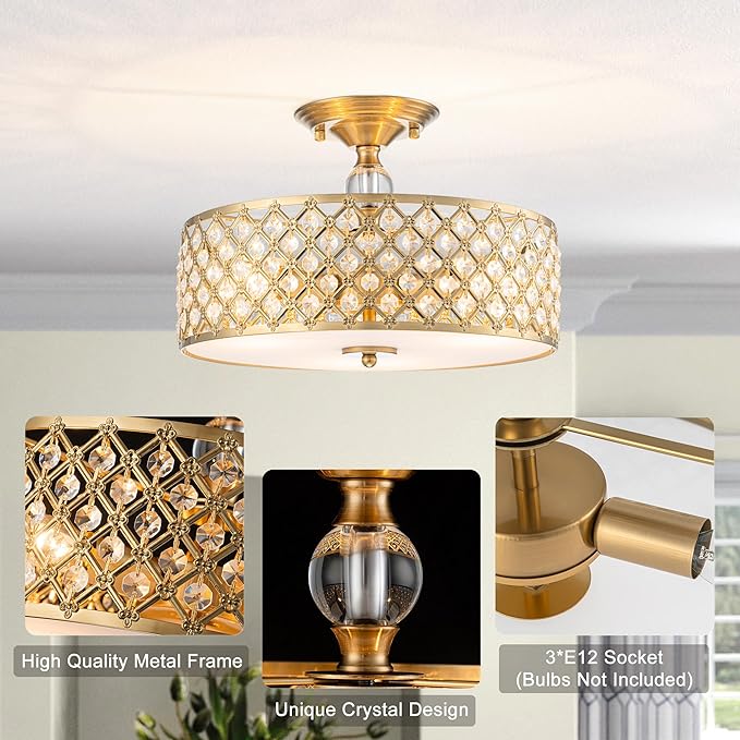 3-Light Gold Semi Flush Mount Ceiling Light Fixture,Modern Drum Crystal Metal Acrylic Round Close to Ceiling Light
