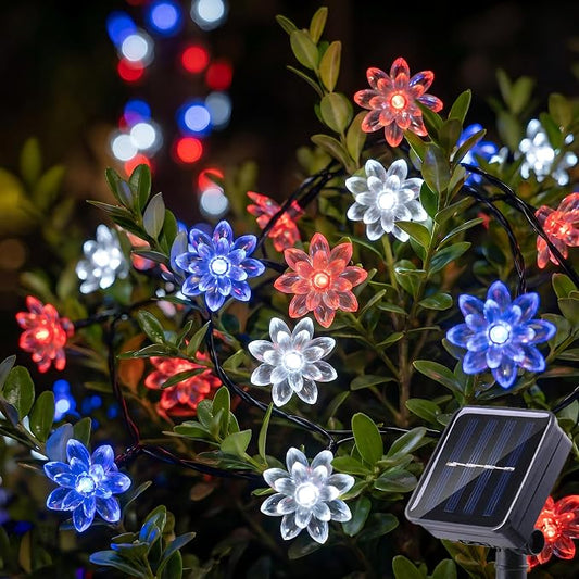 ITICdecor Solar Flower String Lights Outdoor Waterproof 50 LED Solar String Lights for Outside Decorative for Garden Fence Patio Yard Christmas Tree Lawn Party(Red White&Blue)