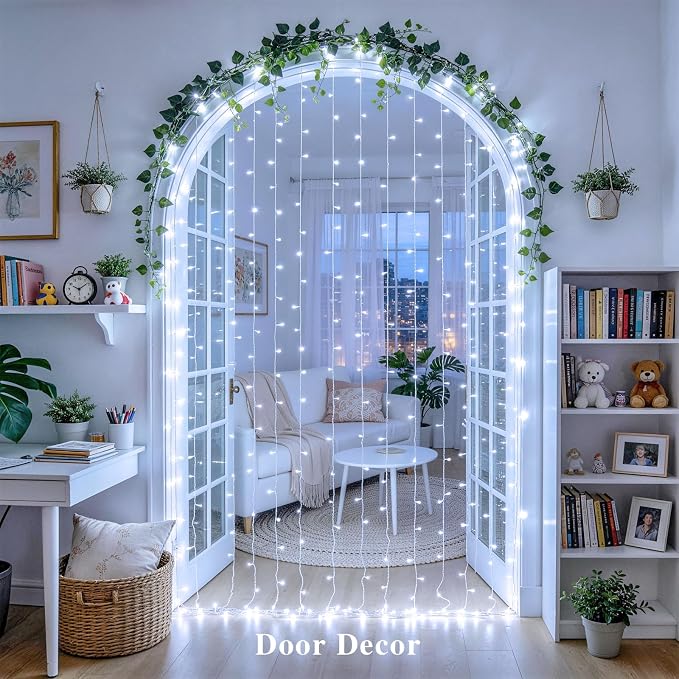 JMEXSUSS 200 LED Fairy Curtain Lights Battery Operated & USB Plug in - Remote Curtain String Lights for Bedroom with 8 Modes, Waterproof Window Lights Outdoor for Backdrop Wedding Party Decor, White