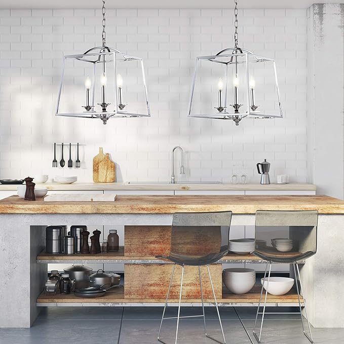 JONATHAN Y 14.5" Chrome 3-Light Metal Lantern Pendant Light, Adjustable LED Hanging Ceiling Fixture for Kitchen Island, Foyer, Entryway and Dining Room, ETL Listed JYL7410A
