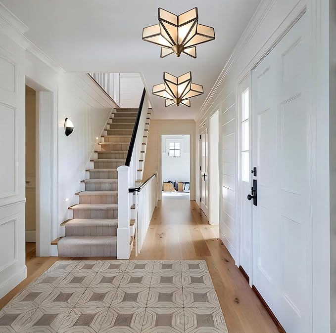 LIGHTLAND 11.8 Inch Flush Mount Star Ceiling Light, 3 Lights Brass Ceiling Lamp with Glass Lampshade, Art Deco Close to Ceiling Light Fixtures for Entryway Hallway Porch, Bronze Color
