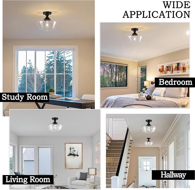 Black Schoolhouse Light Fixture 12" Mid Century Light Fixture Schoolhouse Light Fixtures Ceiling Clear Glass Semi Flush Mount Ceiling Lights for Bedroom Bathroom Kitchen(Bulb Incl.)