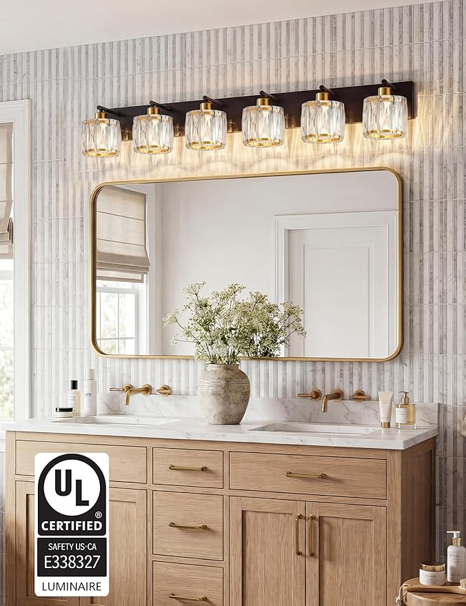 VOLISUN Crystal Vanity Lights for Bathrooms, 6 Light Bathroom Vanity Light, Black and Gold Bathroom Light Over Mirror, Modern Bathrooms Lights Fixtures-UL Certificated(Exclude Bulb)