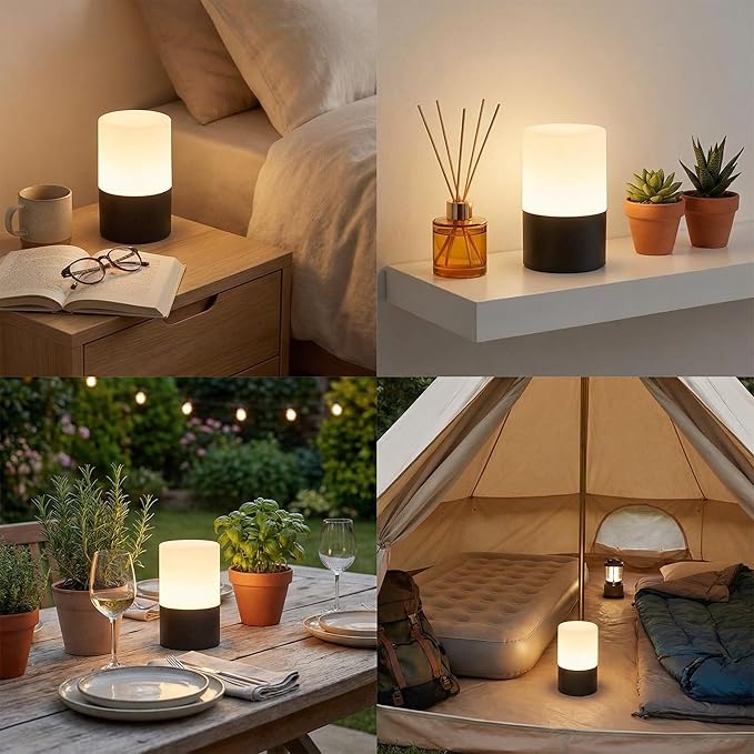 Small Table Lamp - Rechargeable, Portable, Up to 20-Hour Battery Life, 10 Brightness Levels, Auto-Off Timer, Waterproof, Warm Light for Bedside, Travel, Camping & Décor-Matte Black