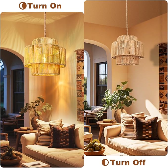 Maliralt Hanging Lamps Rattan Pendant Light - 16.4ft Plug in Cord Hanging Light Fixture Plug Into Wall Outlet Pendant Lighting with On Off Switch for Bedroom Living (Lantern Shade)
