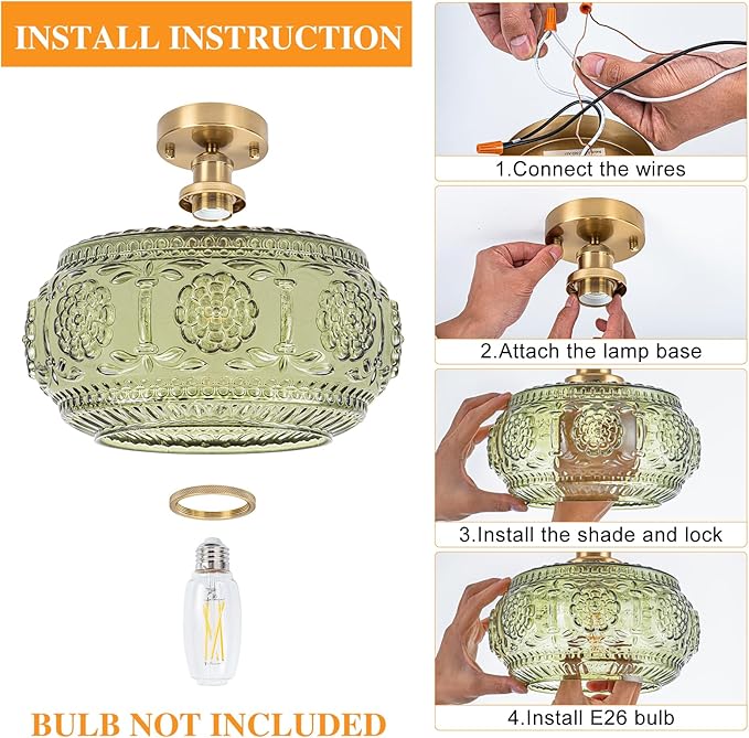 Semi Flush Mount Ceiling Light Fixture - Brass & Gold Floral Design, Green Glass Shade, Vintage Modern Lighting for Kitchen, Bathroom, Entryway (Bulb Not Included)