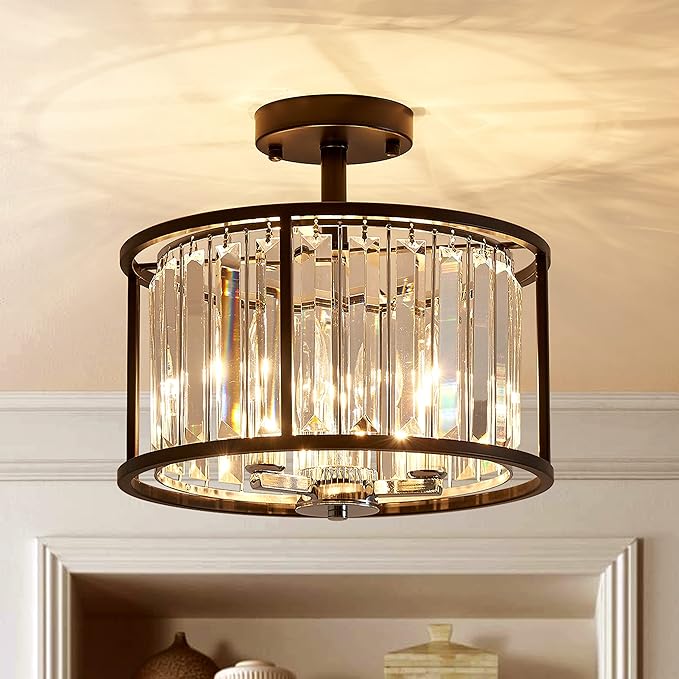 AGV LIGHTING CL005BB K9 Crystal Semi Flush Mount Ceiling Light Fixture, Modern Design, E12 Base 3-Lights, D13 x H15, Chrome & Matte Black Finish Metal Frame