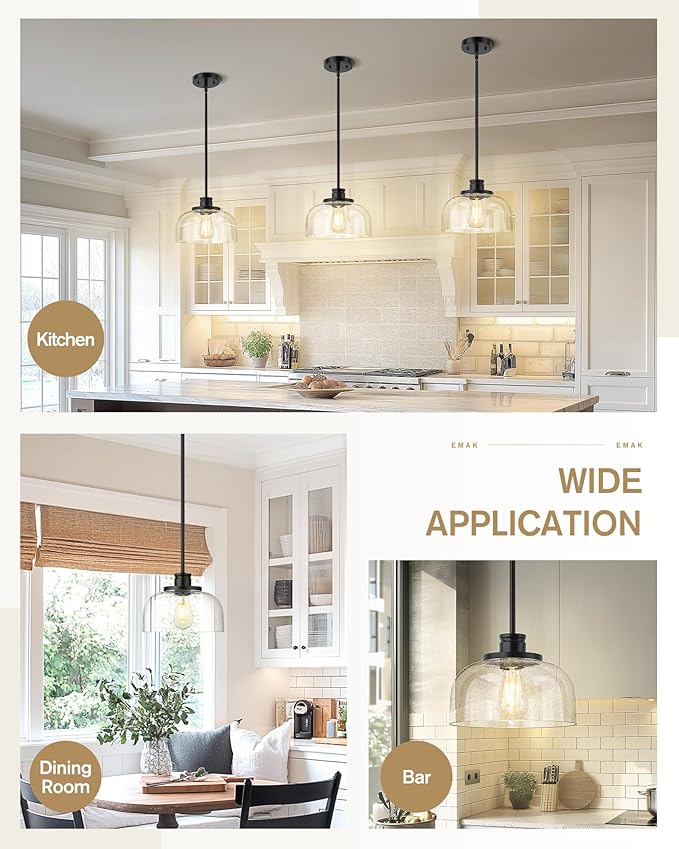 Emak 2 Pack Black Pendant Light Fixtures, 10 Inch Seeded Glass Pendant Lights Kitchen Island, Modern Farmhouse Island Lights for Kitchen, Dining Room, Bathroom, Bar, PL131-BK-SG-2PK