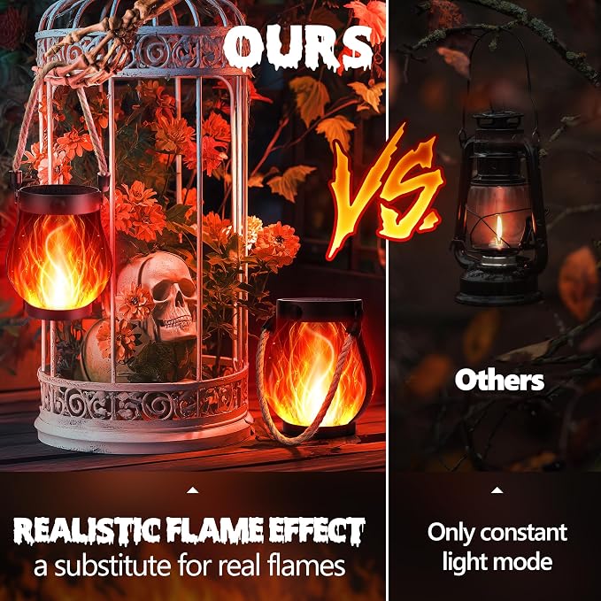 iBaycon 2 Pack Gen2 Solar Lantern Lights USB Halloween Flame Lamp, Red | Solar Garden Lights with Dual Charging USB & Solar, 2 Modes Outdoor Waterproof Hanging Lantern for Home Halloween Decor