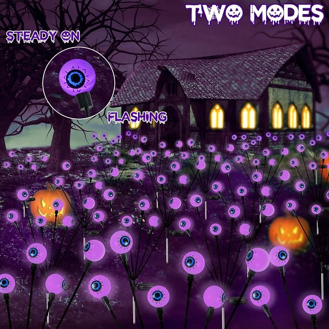 Solar Halloween Decorations Outdoor 4 Pack 24LED Purple Solar Eyeball Light | Newly 3-Tier Design, 2 Lighting Modes, Auto ON/OFF, IP65 Waterproof, Firefly Lights for Walkway Yard Lawn Garden Horror Party