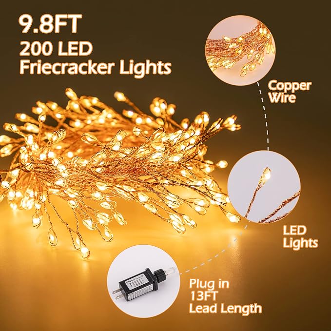 Fairy Lights Plug in, 10Feet 200LED Cluster String Lights, Copper Wire Waterproof Starry Firecracker Lights for Ceiling Bedroom Wreath Window Wedding Christmas Tree Decorations, Warm White, 2 Pack
