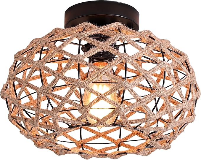 Coastal Woven Flush Mount Ceiling Light Fixture Boho Rustic Hemp Rope Round Cage Semi Flush Mount Ceiling Light for Hallway Kitchen Entry Bedroom Farmhouse Beach, Black