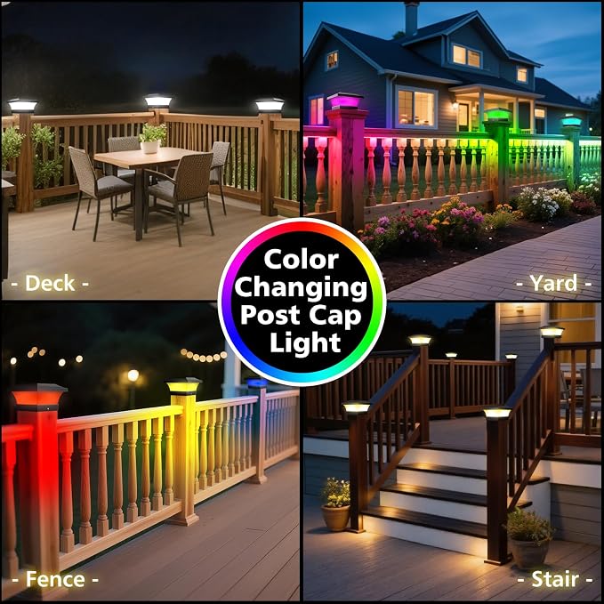 T-SUN Solar Post Cap Lights, Outdoor Waterproof Post Solar Lights, Color Changing Fence Post Solar Lights for 4X4 5X5 6X6 Wood & Vinyl Posts, Deck, Patio Railing, Porch, (Black-2 Pack)