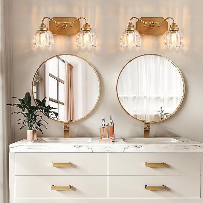 Vintage Bathroom Light Fixtures, 2 Light Gold Bathroom Vanity Light, Matte Antique Brass Finish with Crystal Glass Shade, Wall Sconces Lighting for Bedroom, Living Room, Hallway