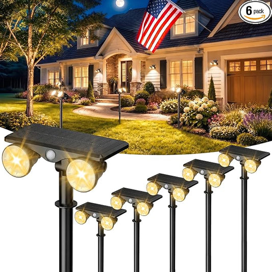 Large Solar Spot Lights Outdoor Motion Sensor 6 Pack,2 Modes Waterproof Landscape Lighting for Yard Garden Pathway,2-in-1 Wall&Spot LED Lights with 360° Adjustable Dual Heads(Warm Light)
