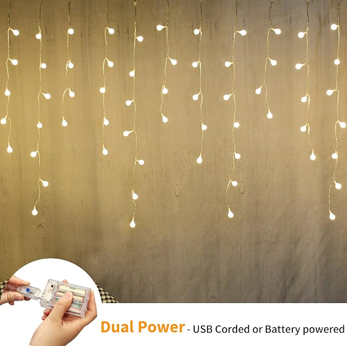 YOLIGHT Fairy Curtain Lights, USB/Battery Powered Ball Icicle Light 13ft 96 LED Globe String Hanging Lights for Bedroom Dorm Wedding Party Christmas Decoration (Warm White (Remote))