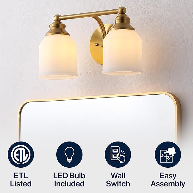 JONATHAN Y 14" Brass Gold/White Modern Farmhouse LED Vanity Light Wall Sconce Fixture, Frosted White Glass Shade, Dimmable Wall Lamp for Bathroom Mirror Kitchen Sink, UL Listed (JYL7550B)