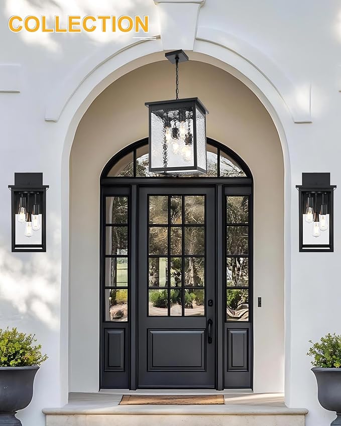 TODOLUZ Large 4-Light Outdoor Pendant Light Fixture, Exterior Hanging Porch Lighting with Hammered Glass for Foyer Entryway, Adjustable Long Chain & E26 Bulb Base
