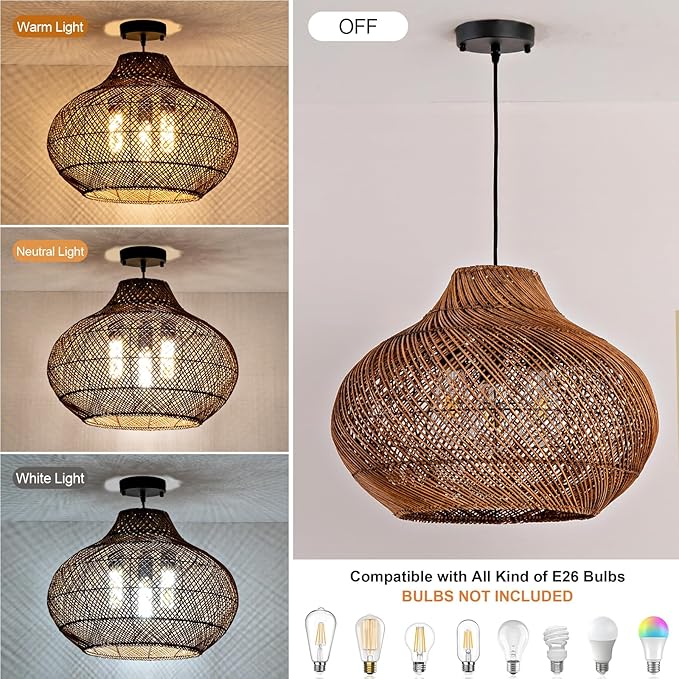 18.9IN Boho Rattan Chandelier 3-Lights Hand-Woven Rattan Pendant Light Farmhouse Wicker Dining Room Light Hanging Bamboo Pendant Light Fixture for Kitchen Island Living Room Hallway Reataurant