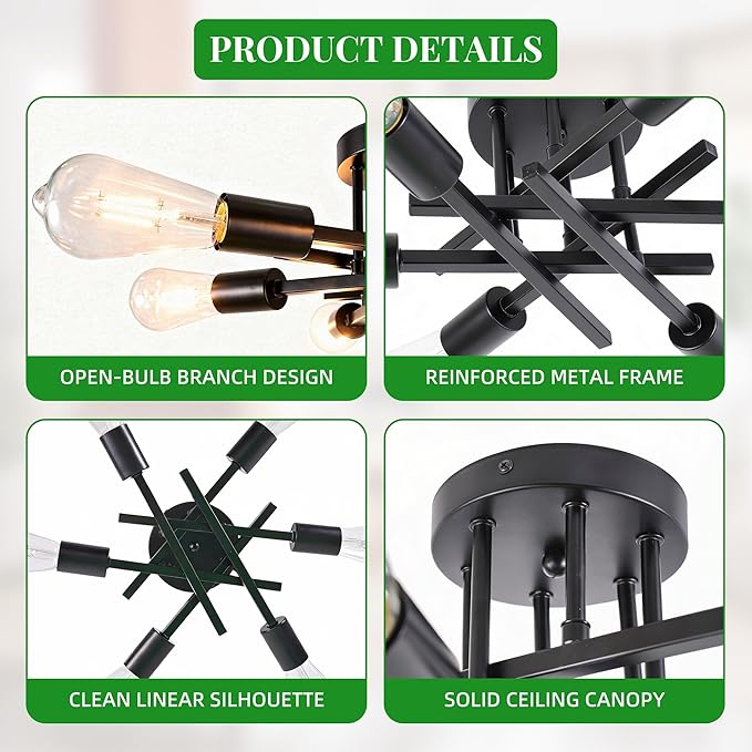 6-Light Semi Flush Mount Ceiling Light Fixture, Modern Black Sputnik Chandelier Lighting for Dining Room, Kitchen, Bedroom, Living Room, Farmhouse Industrial Ceiling Light with E26 Sockets