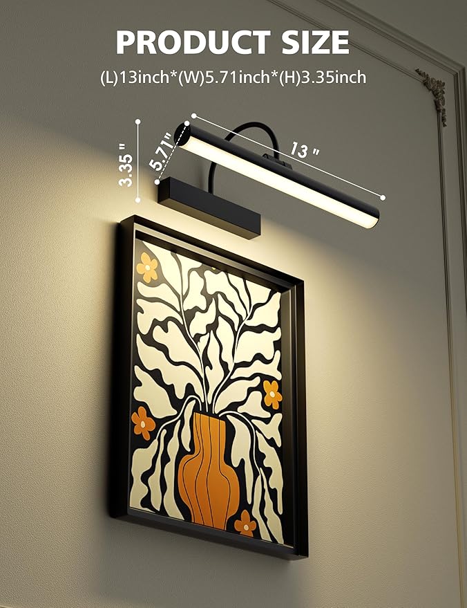 VOLISUN Picture Lights for Wall, 13 inch Rechargable Picture Light Battery Operated, 3 Color Temperatures Cordless Picture Light with Remote, Art Light for Paintings, Gallery, Portrait, 1 Pack (Black)