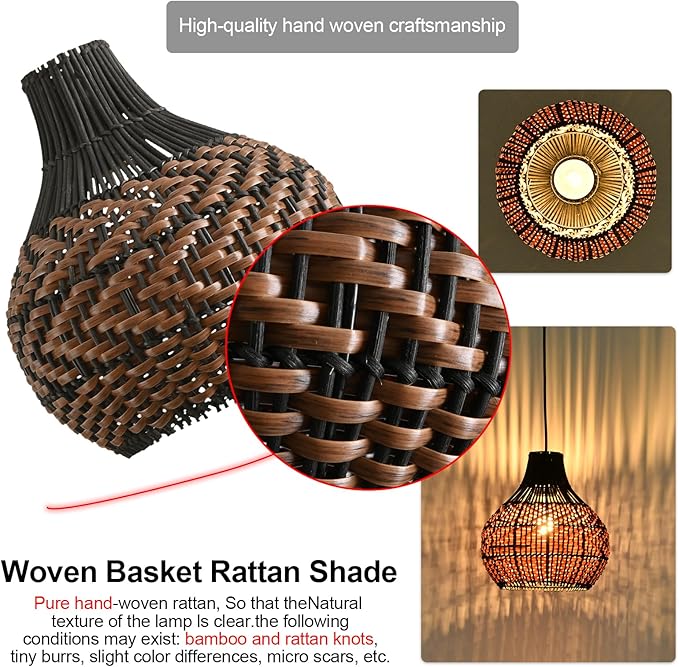 3-Pack Rattan Pendant Light 10.24" Hand-Woven Black Brown Fax Rattan Basket Chandelier Mini Boho Wicker Hanging Lamp for Dining Living Bedroom Kitchen Farmhouse