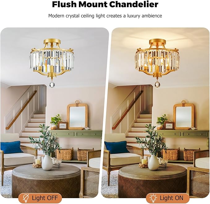 12.2'' Modern Gold Crystal Ceiling Light Fixture Farmhouse 3-Light Semi Flush Mount Drum Chandelier for Dining Room, Bedroom, Kitchen, Hallway, Entryway, Foyer, E12 - MJ055GD