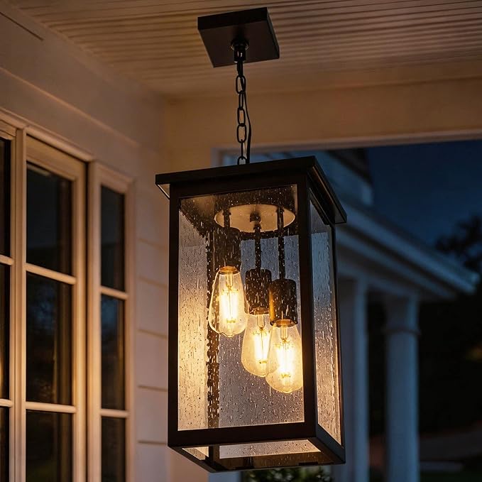 TODOLUZ 3-Lights Large Outdoor Pendant Light, Black Porch Ceiling Lighting Fixtures with Seeded Glass Panel, Exterior Hanging Lantern Adjustable Chain for Yard Entryway Patio