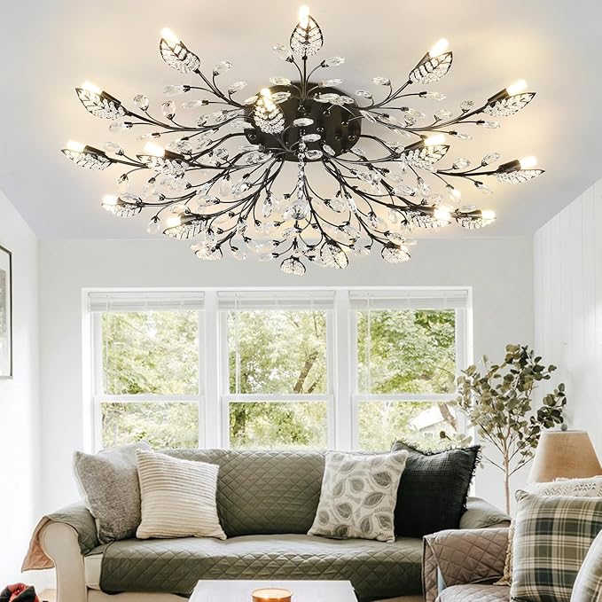 Semi Flush Mount Ceiling Light Fixtures Black Crystal Leaves Chandeliers Lighting for Bedroom Living Room Dining Room Kitchen Hallway Foyer