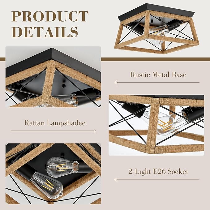 Boho Rattan Ceiling Light Fixture 2-Light Flush Mount Ceiling Light with Rattan Wood Shade Farmshouse Ceiling Lamp Fixture for Hallway Entryway Kitchen Sink Dining Room Bedroom