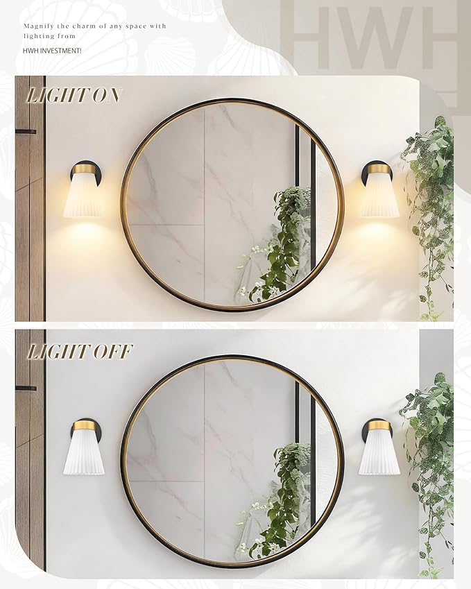 1-Light Bathroom Wall Sconce, HWH Black and Gold Wall Sconce with Frosted Milk White Striped Glass, Modern Bathroom Light Fixture for Bathroom Bedroom, 5HZG97B BK+BG